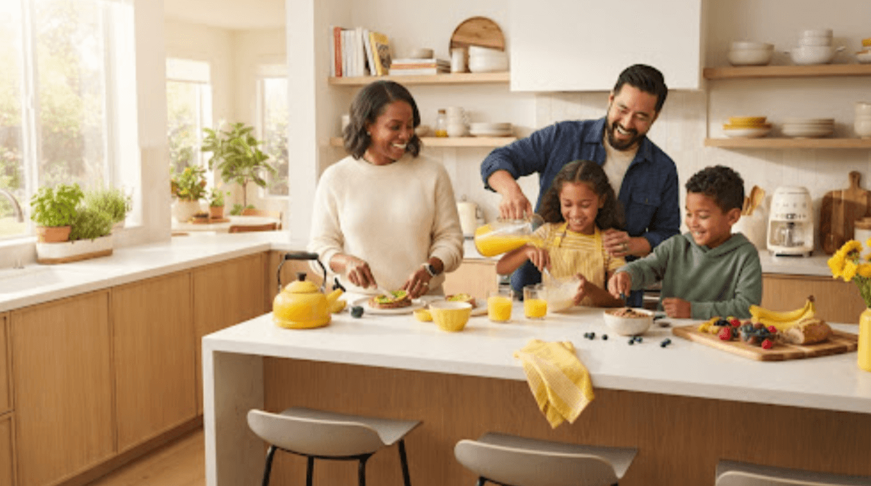 Family preparing for the day in the kitchen